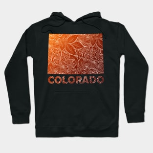 Colorful mandala art map of Colorado with text in brown and orange Hoodie